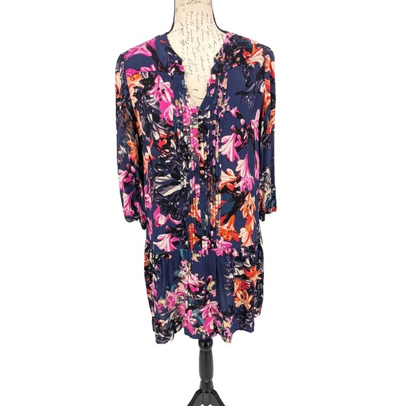 Maeve Dropped Waist Dress Small Navy Multi Tropical Pin Tucks Boho - Picture 1 of 15